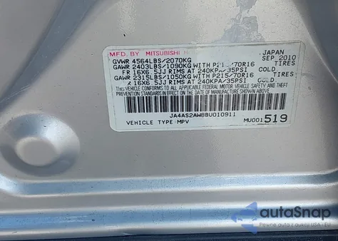 2011 Mitsubishi Outlander Es from USA, damaged, VIN JA4AS2AW8BU010911